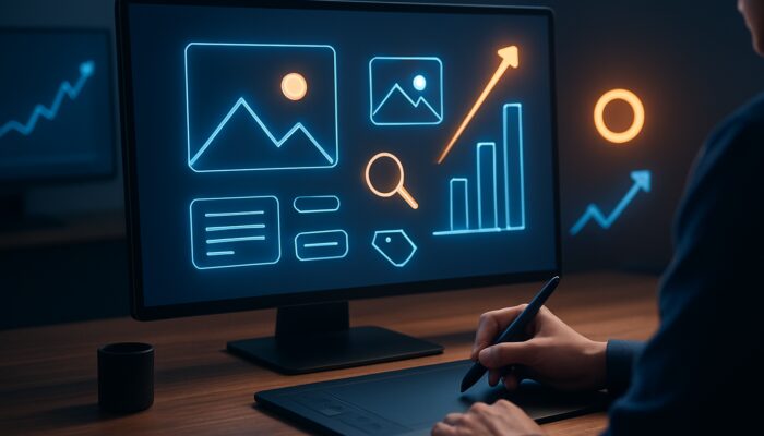 A designer optimising images with alt text, SEO tags, and icons, surrounded by glowing Google search graphs and ascending arrows.