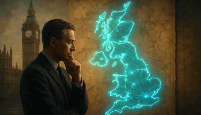 British strategist in Westminster merging historical scrolls with futuristic UK maps for strategic decisions.