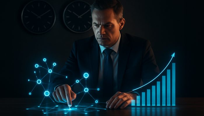 UK manager at sleek desk extracting holographic lessons from past projects while time ticks away