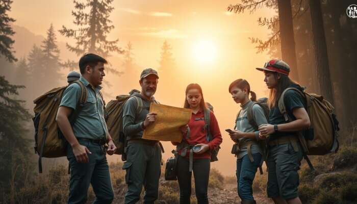 A diverse group of first-time explorers at the brink of a misty forest, examining a map and compass, equipped with backpacks and safety gear as the golden dawn breaks.