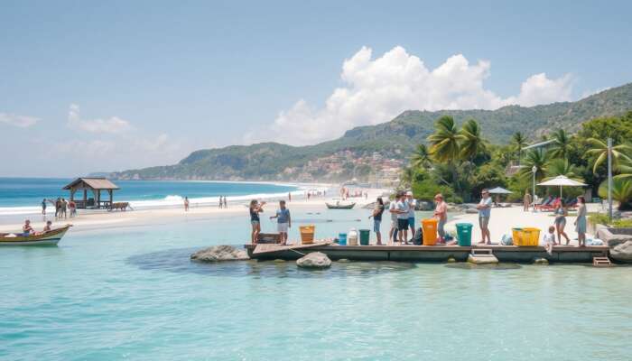 Tourists sorting waste into eco-friendly bins, observing wildlife from a distance, and using renewable energy sources at pristine coastal beaches with clear blue waters.