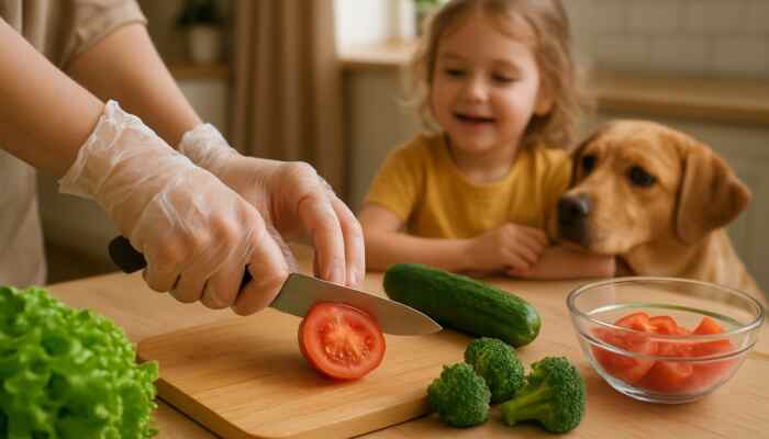 Hands wearing clear vinyl gloves preparing fresh food in a warm family kitchen with a child and pet nearby.