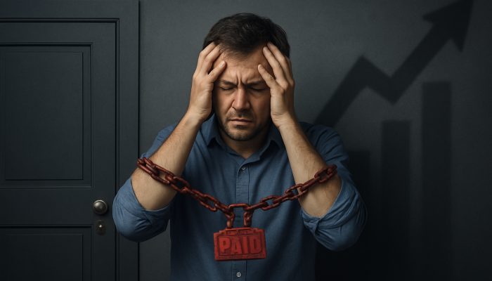 Stressed borrower constrained by missed payments before locked mortgage and loan doors with rising insurance costs