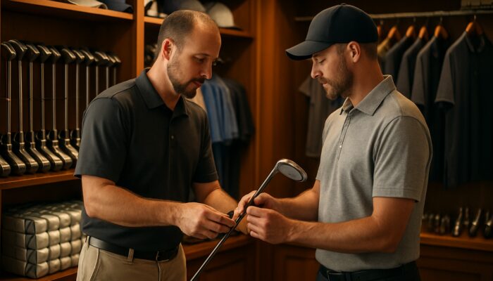 Attendant fitting golfer with custom clubs among premium products in the Witbank Golf Club pro shop.