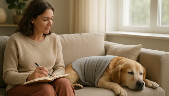 A relaxed dog wearing a calming wrap on a couch as the owner notes reactions in a journal
