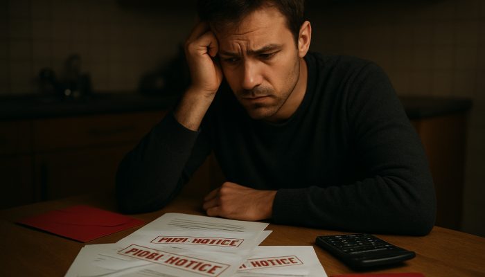 Concerned individual at dim table with overdue gas, electricity, and water bills stamped final notice
