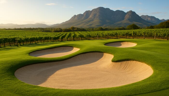 Beautiful Cape Winelands golf bunkers featuring fine sand, bordered by vineyards and rolling mountains.