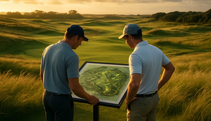 Golfers reviewing a windswept course map at King David Mowbray Golf Club under golden light