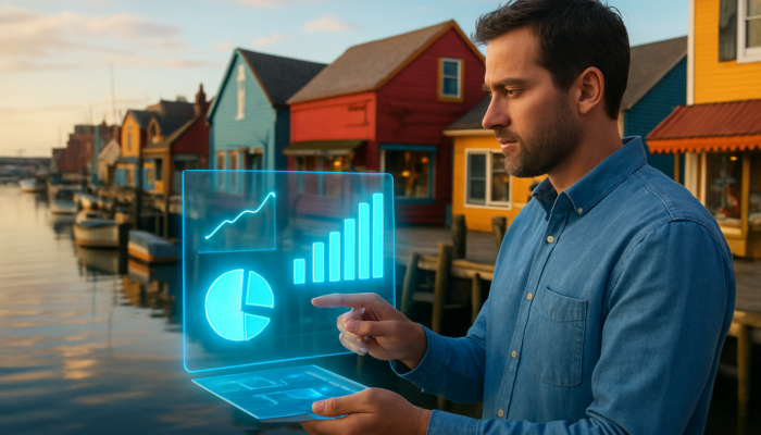 Business owner in Gloucester harbour examining holographic charts of page views, bounce rates, and shares