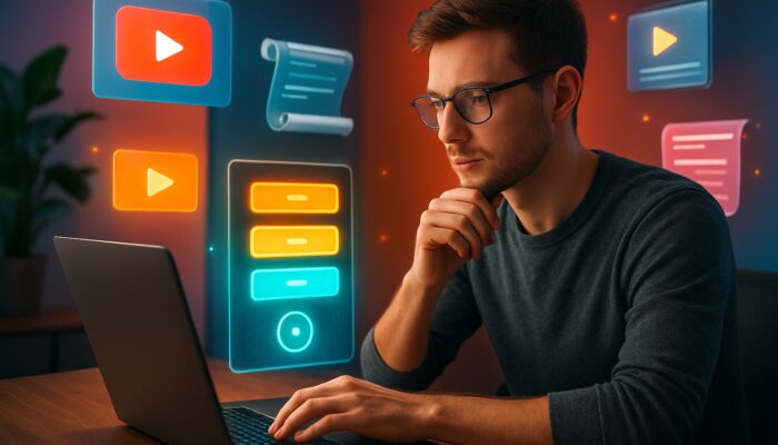 Young creator examines glowing pricing tiers and YouTube thumbnails on a laptop in a vibrant studio