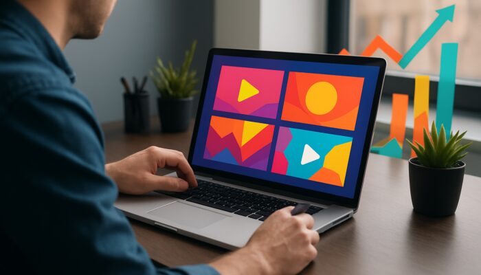 Creator designing vibrant video thumbnails on laptop with rising engagement graphs in a sleek workspace