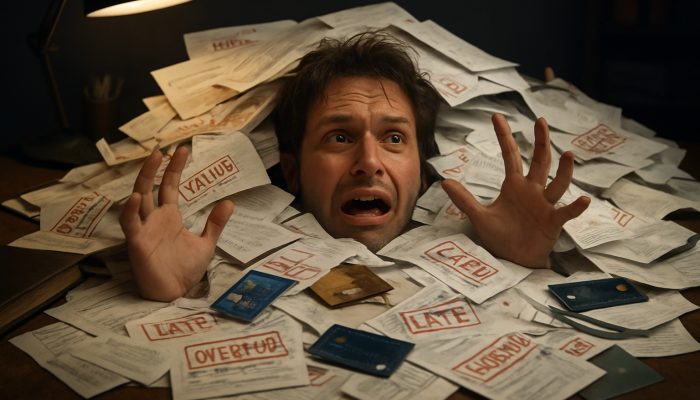Person overwhelmed by a chaotic pile of overdue bills and loan documents on a disorganised desk