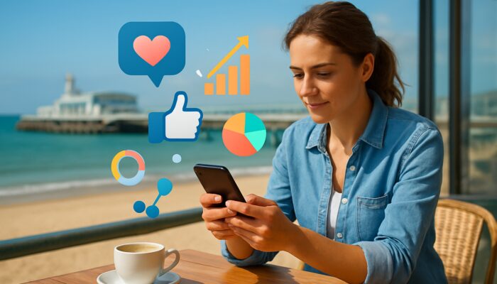 Small business owner developing social media strategy on smartphone in Bournemouth beach café with charts and sea view