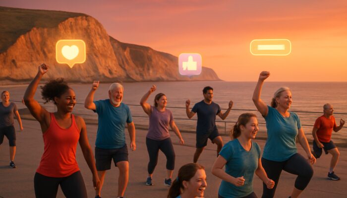 Diverse locals participating in a Dorset coastal gym class at dusk with Jurassic cliffs and marketing icons.