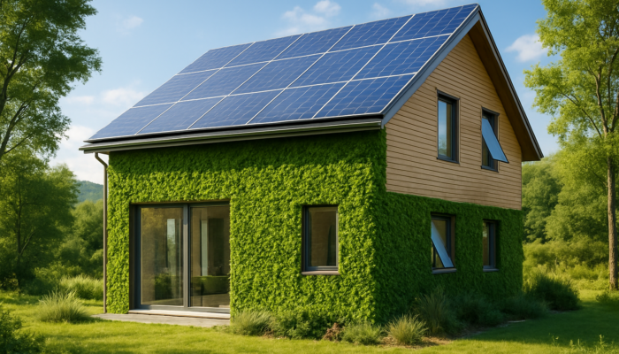 Modern eco-friendly home featuring solar panels, green walls, and smart technology in a serene environment.