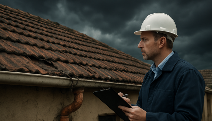 A professional inspector examining a cracked roof and exposed wires in an aging South African home in Springs under a cloudy sky.