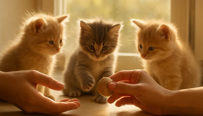 Fluffy kittens playing with hands and toys on a sunlit windowsill during socialisation.