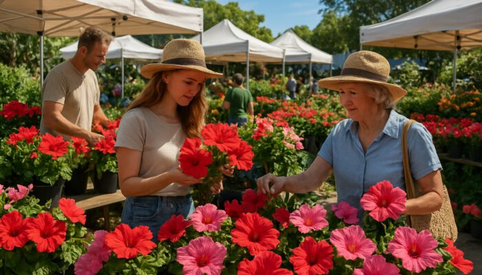 Vibrant Australian market stalls with fresh red and pink hibiscus blooms under sunny skies