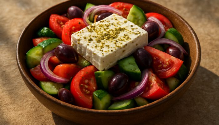 Vibrant Greek Horiatiki salad with tomatoes, cucumbers, olives and feta in rustic bowl