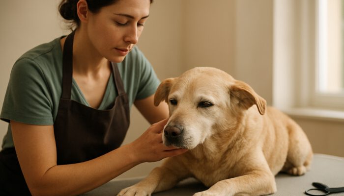 Groomer monitoring elderly dog's breathing and posture during calm, peaceful grooming session.