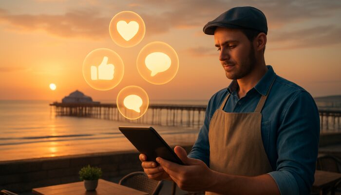 Café owner analysing impressive social media metrics on a tablet above Weston-super-Mare pier at sunset