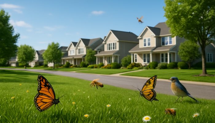 A charming Ilchester neighbourhood displaying vibrant lawns, butterflies, bees, and songbirds beneath clear skies.