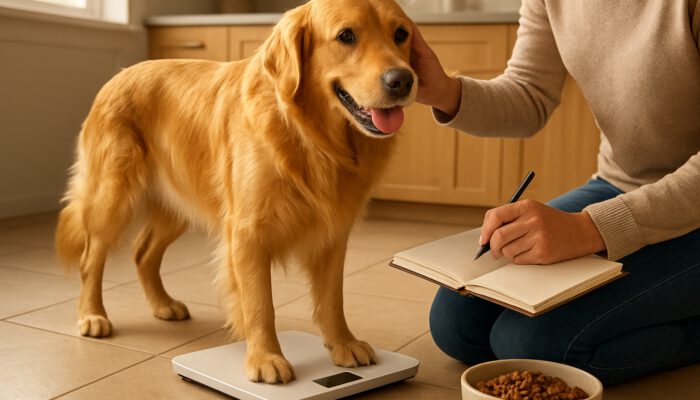Owner weighs an energetic golden retriever on a scale while checking its coat in a sunlit kitchen