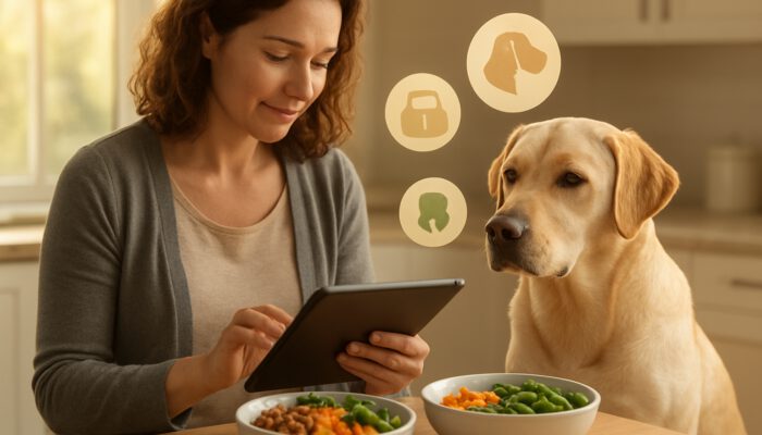 Owner reviews Labrador health data on tablet next to customised nutrition bowls in kitchen
