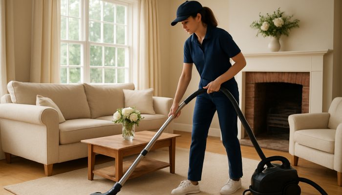 Professional cleaner vacuuming a sunlit living room in a charming Martock cottage adorned with fresh flowers.