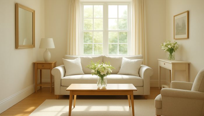 Sunlit immaculate Martock cottage interior showcasing gleaming floors, fresh flowers, and crisp linens following professional cleaning.