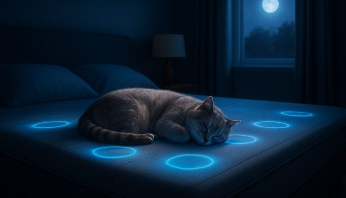 Content pet sleeping on an advanced smart bed with glowing sensors in a moonlit bedroom