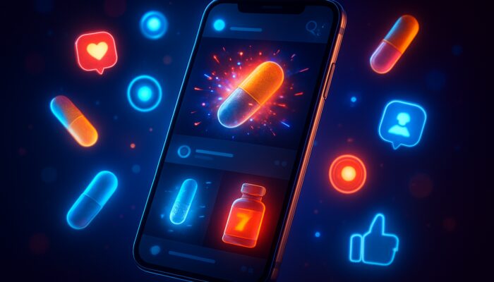 Futuristic neon smartphone displaying X feed with dynamic supplement advertisements and illuminated capsules.