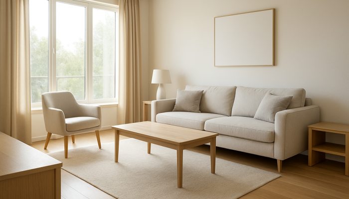 Bright modern living room with organised surfaces and tidy furniture ready for professional cleaning.