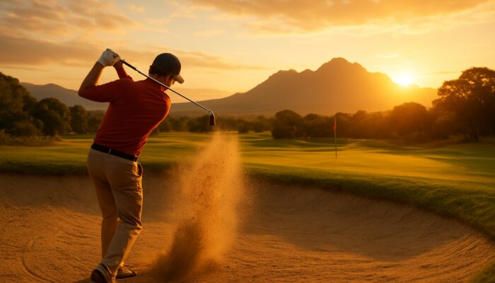 Golfer hitting precise wedge shot from sandy bunker on scenic South African course at sunset