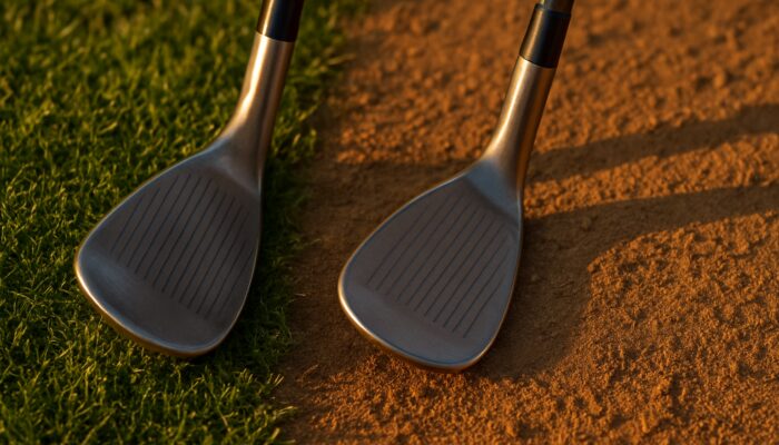 Golf wedges with wide and narrow sole grinds on soft turf versus firm ground in sunlight