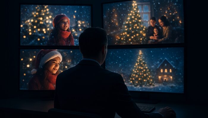 Strategist evaluating competitors' festive holiday video campaigns and metrics on glowing screens in a dimly lit room.