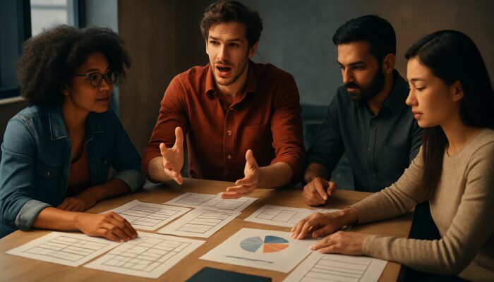 Diverse creative team strategising a brand video with storyboards and budget charts in cinematic lighting