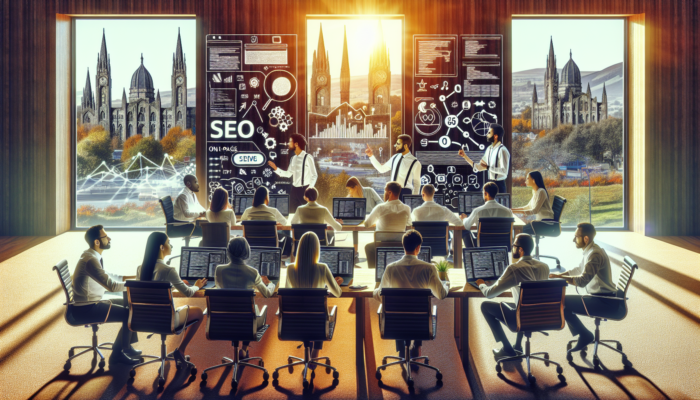 SEO professionals in a modern Yeovil office discussing effective on-page strategies, surrounded by laptops displaying code and graphs, with historic landmarks visible through the windows.