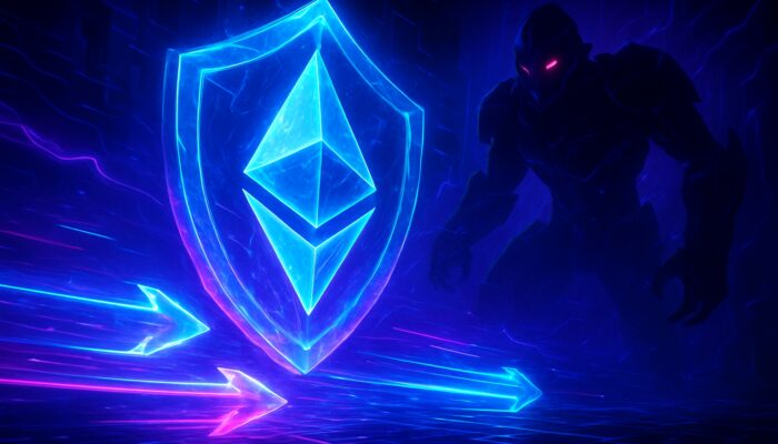 Futuristic arena with illuminated Ethereum transactions shielded by crystalline armour from elusive MEV bots in neon hues.