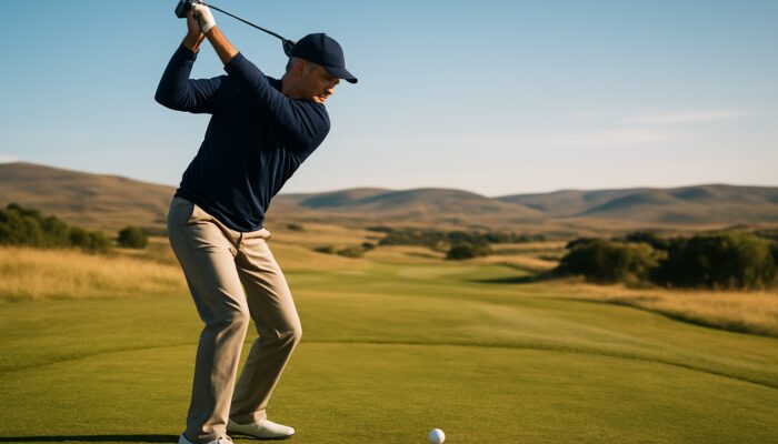 Focused golfer performing a slow pitching wedge swing on a sunlit Bloemfontein fairway with rolling hills.