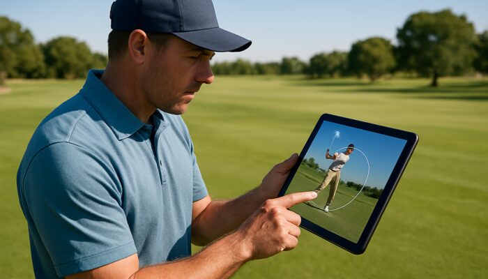 Gauteng golf coach analysing a slow-motion swing on a tablet at a sunlit inland fairway.