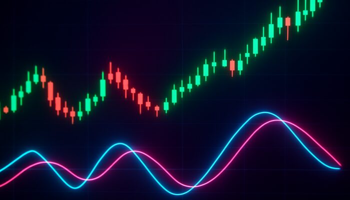 Dynamic trading interface showcasing Trix indicator crossovers, divergences, and rising price candles in a neon display.