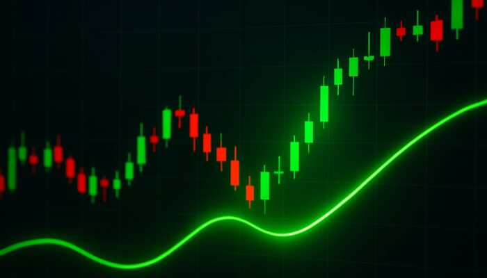 Trading chart displaying the green Trix line crossing above zero amidst candlesticks for a bullish buy signal