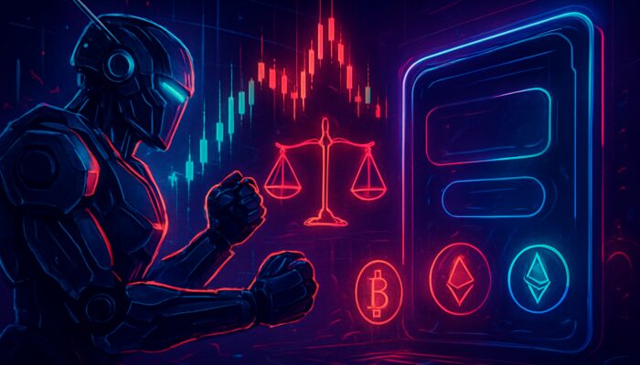 Cyberpunk showdown: Freqtrade open-source robot vs 3Commas dashboard amid glowing crypto charts and scales.