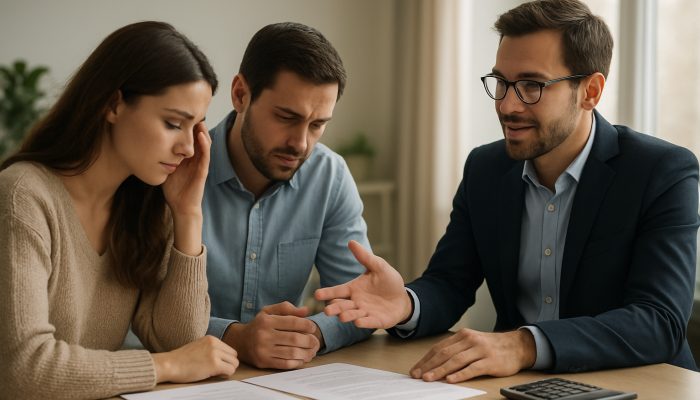Financial advisor reassuring worried couple reviewing debt papers in serene modern office