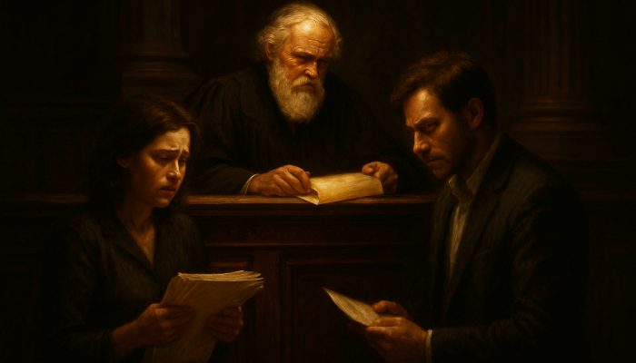 Judge examines glowing scrolls as couple clutches mortgage documents in ornate courtroom.