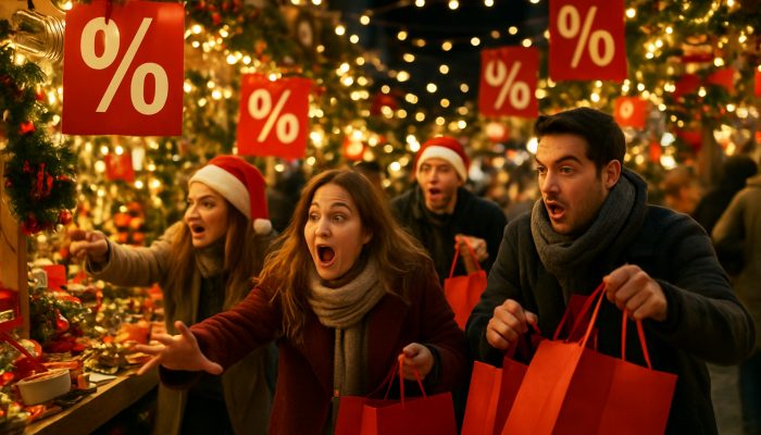 Resetting After a Heavy Spending Period: Smart Recovery Tips | DCL Excited shoppers grabbing discounted festive goods at a vibrant UK Christmas market with glowing lights and sale signs.