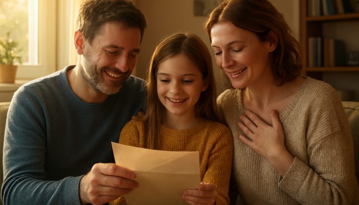 Relieved British family opening UK council housing benefits letter in sunlit cosy home