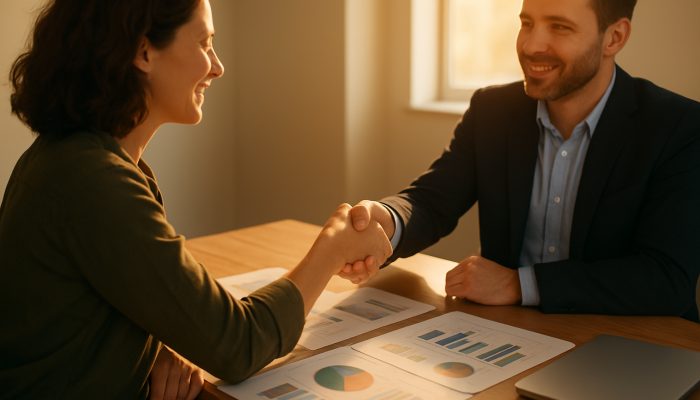 Guiding Lenders to Your Updated Budget: Essential Guidance | DCL Borrower and lender shaking hands over financial charts on sunlit desk, symbolising transparent communication.
