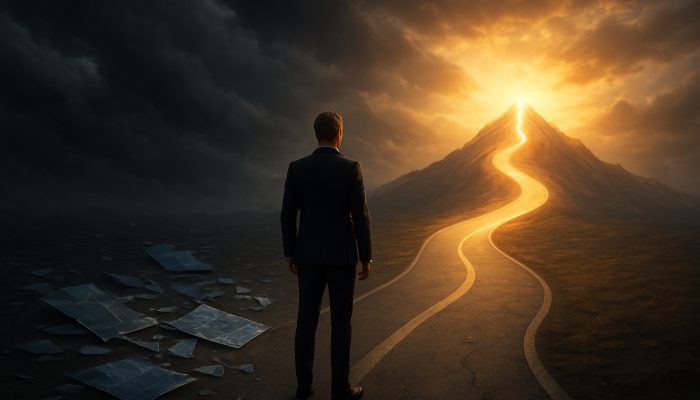 Turning Setbacks Into Updated Plans: Expert Tips for Success | DCL Determined professional at crossroads transforming shattered blueprints into luminous roadmap toward sunlit success